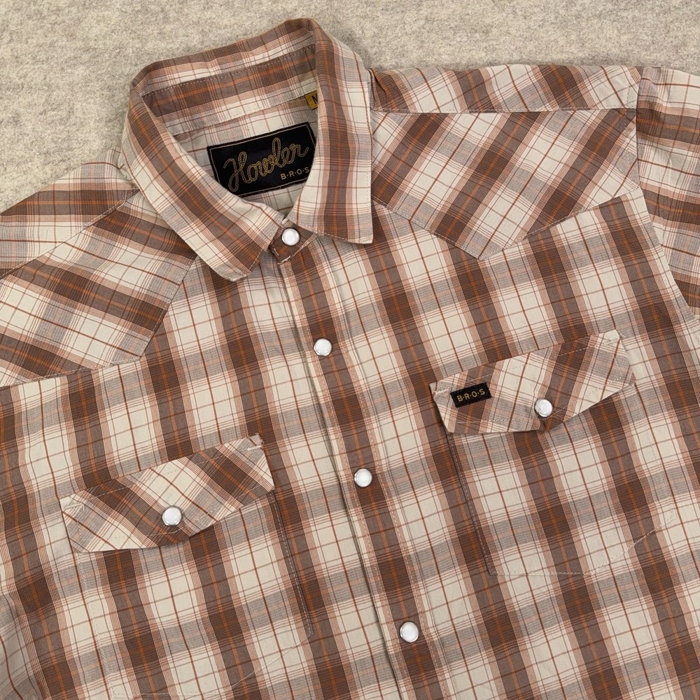 Howler Bros Pearl Snap Shirt Mens Medium Short Sleeve Brown Plaid Westen H Bar B
